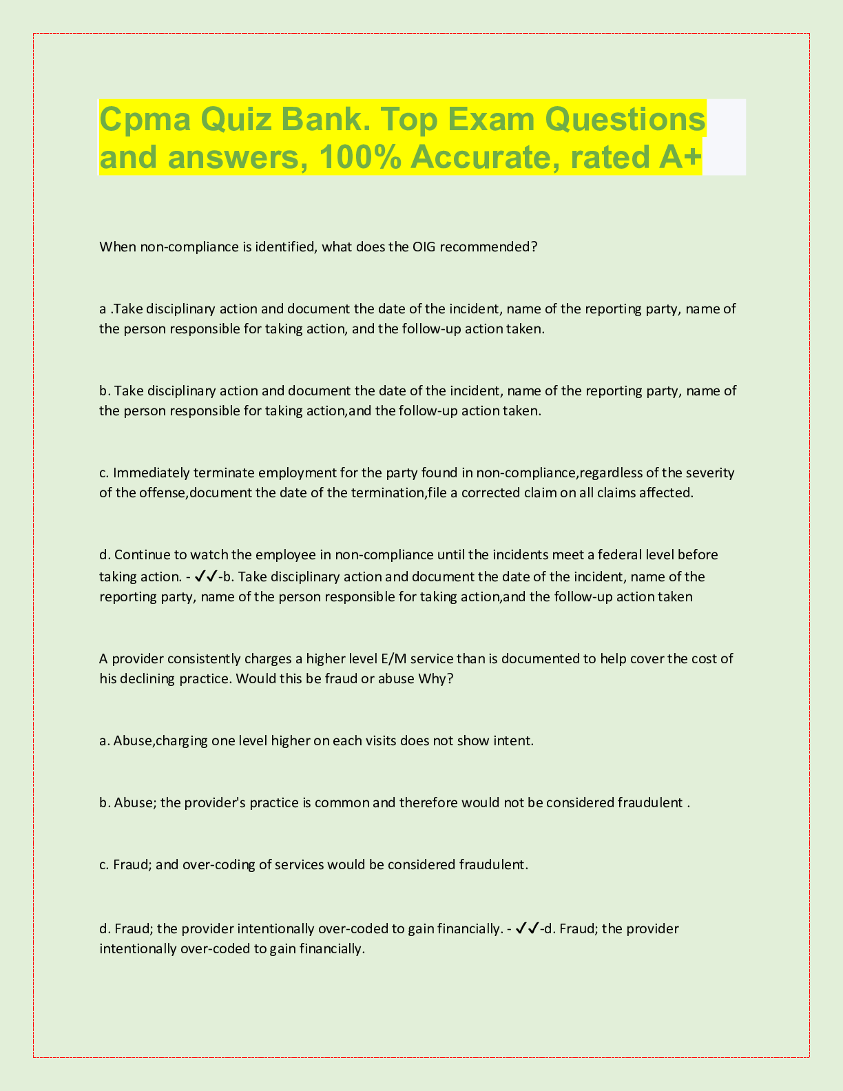 Preview image for Cpma Quiz Bank. Top Exam Questions  and answers, 100% Accurate, rated A+